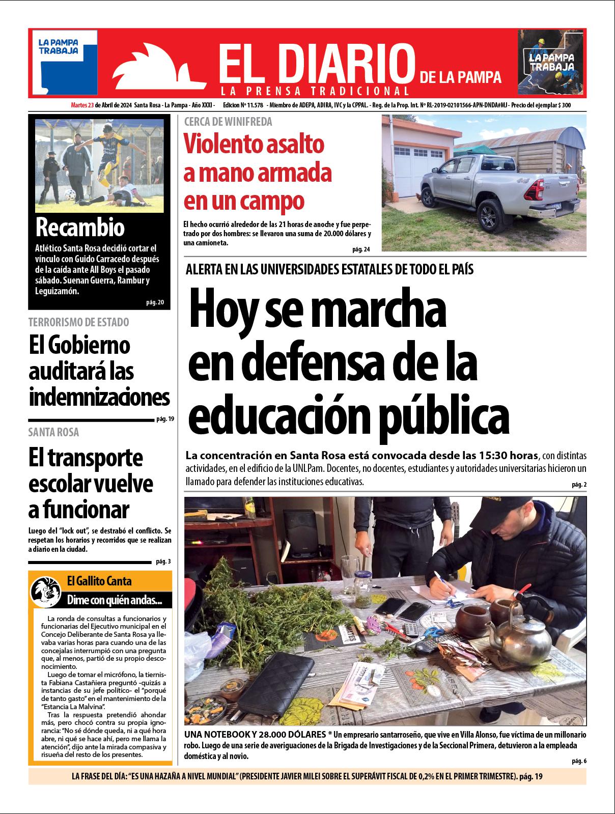 Tapa de El Diario en papel  martes 23 de abril de 2024